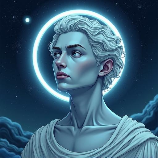 A god with icy pale blue and gray skin. Glowing rings around shoulders. Calm and thoughtful expression. Starry space background with cold colors. Art style has clean lines and soft shading
