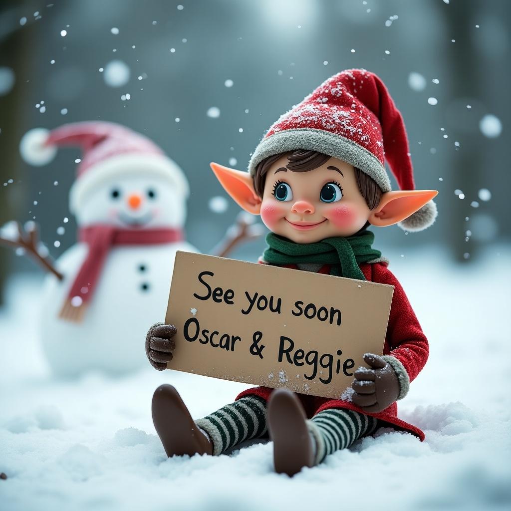 An elf sits in the North Pole snow holding a sign saying see you soon Oscar & Reggie with a snowman in the background.