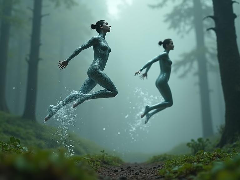 Misty forest scene with fluid water-like figures jumping. Camera follows their movements. Dreamy atmosphere enhanced by soft focus on plants and sharp figures.