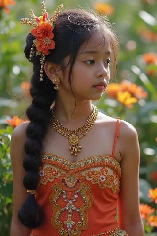 A young girl in traditional attire stands amidst flowers. She has long hair styled with a braid and adorned with a floral accessory. She wears a vibrant orange dress with intricate designs and matching jewelry.