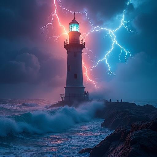 Close-up of an epic lighthouse with rotating colorful lights during a massive lightning storm. Funnel clouds and huge foggy waves are present. The scene includes vibrant dark colors and lightning strike sparks.
