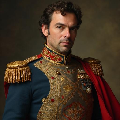 Depiction of a man in a historical military uniform reminiscent of Napoleon, with elements suggesting a contemporary Silicon Valley CEO. The subject has a confident expression and an elaborate uniform with various decorations.
