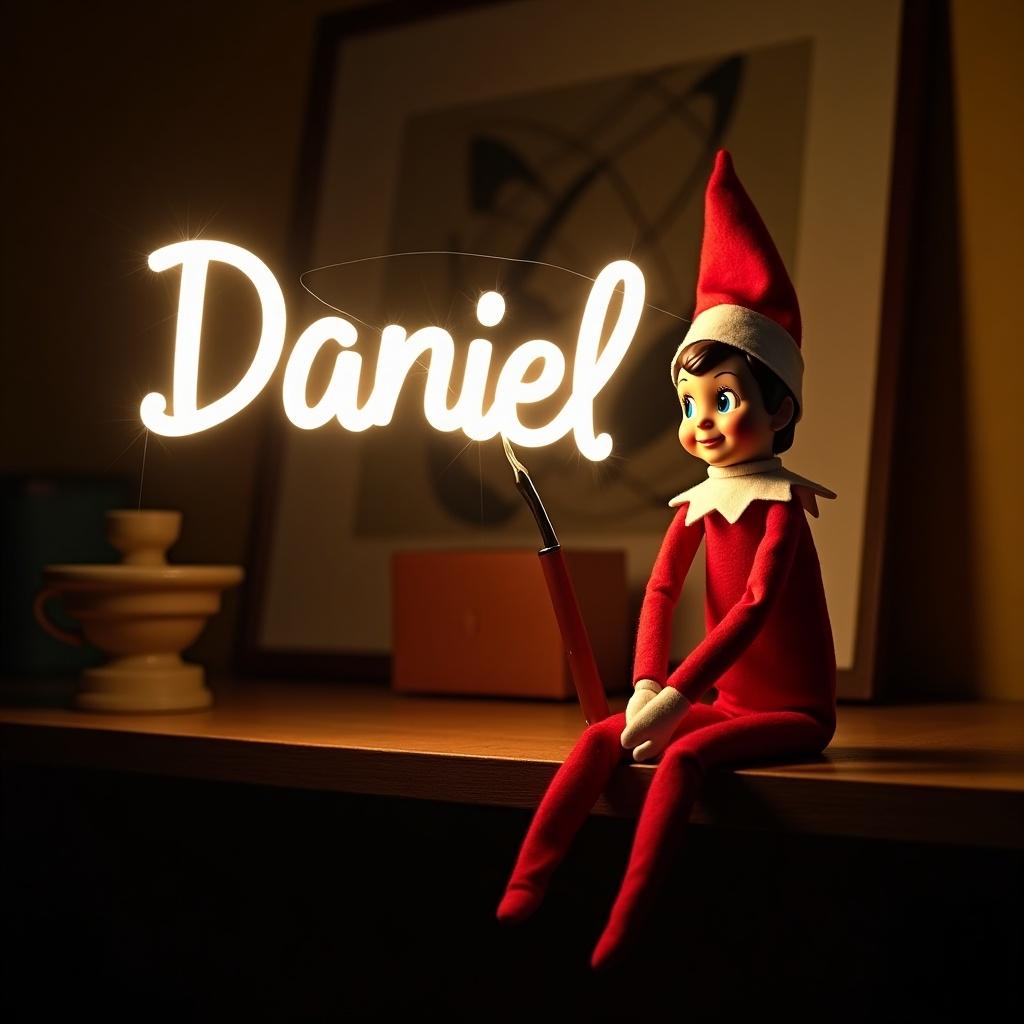 Image features a festive elf on the shelf character dressed in red and white. The elf holds a glowing stick writing the name 'Daniel'. The background is dark, highlighting the glow. The scene captures the magic of Christmas. The atmosphere is warm and inviting.