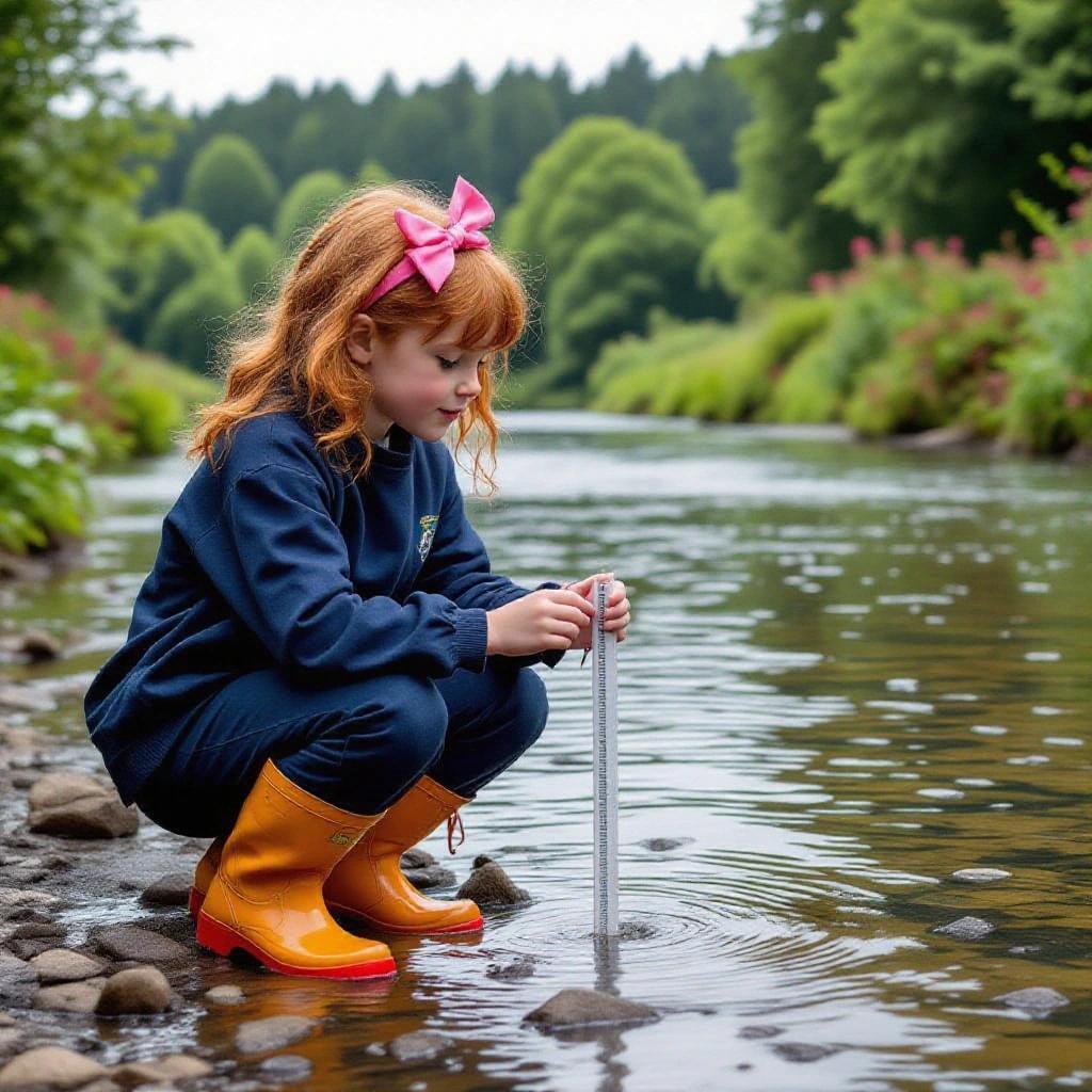 A young girl with red hair wears a pink bow. She is at the river, on a school geography field trip. The girl measures the water's width and depth. Her outfit includes a navy blue tracksuit and orange Hunter wellies.