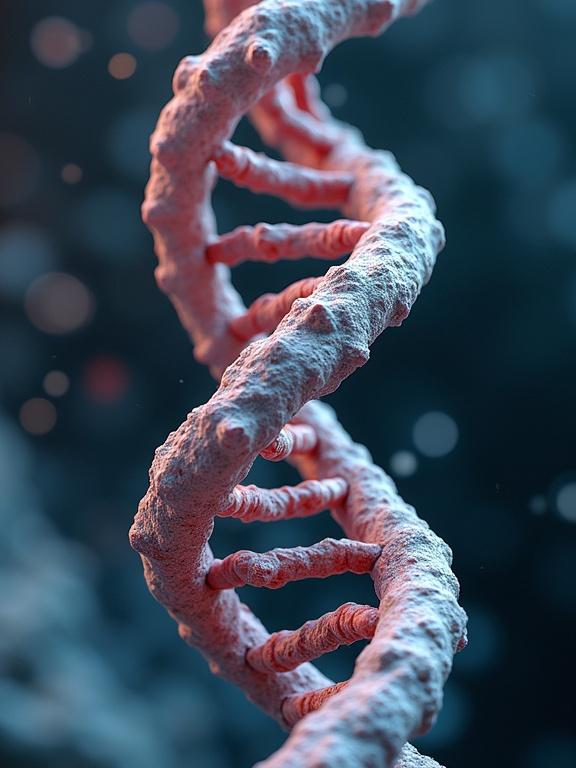3D visualization of DNA structure in high resolution with hyperrealistic details in mixed media style.