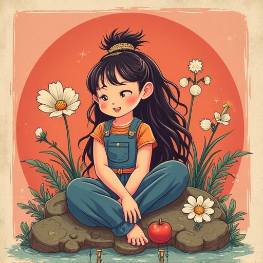A girl with long black hair in overalls sits cross-legged on a stone. She is surrounded by flowers and an apple. The background features a warm orange circle. The mood is playful and whimsical.