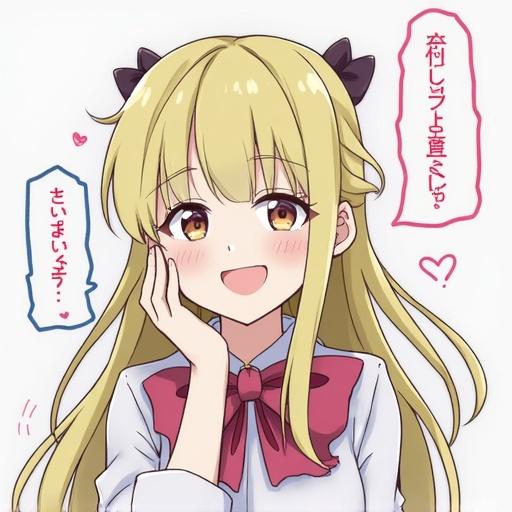 A young girl with long blonde hair and a smile. She wears a school uniform with a red bow. There are pink hearts around her. She has a friendly expression and poses cutely.