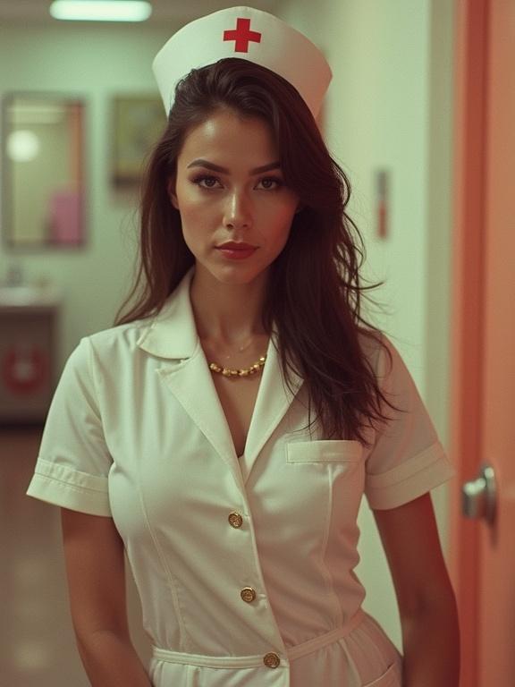 Nurse poses for photo wearing conceptual costume in low resolution. Pixelated aesthetic resembles older phone cameras. Image shows slight compression artifacts. Bright unnatural colors typical of early Instagram filters. Nurse features soft lighting and frontal perspective.