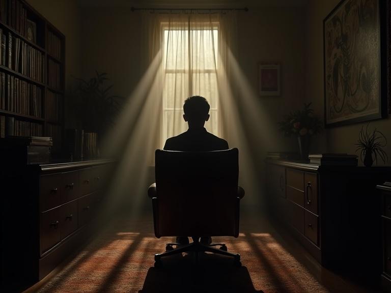 Mysterious dimly lit therapist's office. Leather chair faces a shadowy figure. Warm eerie lighting casts long shadows. Psychology books and abstract art on the walls. Cinematic psychological thriller atmosphere.
