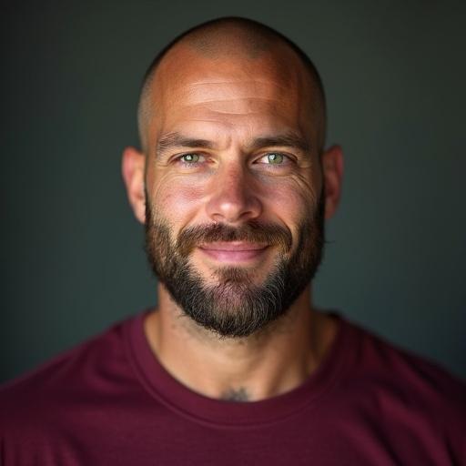 Portrait of a man with green eyes and a beard. He has a shaved head and is muscular, wearing a maroon t-shirt. The expression is warm and features are natural.