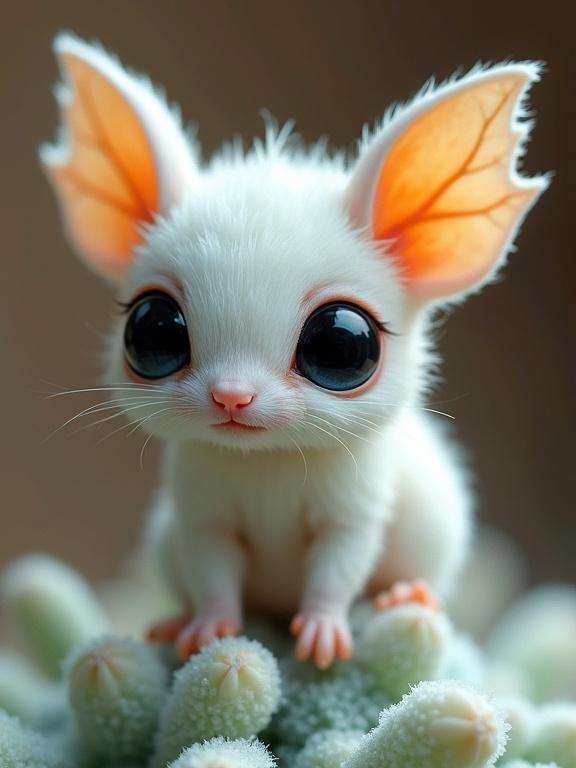Fantastical creature described as a fur-fairy hybrid. Small rounded body has white fuzzy fur. Enormous round black eyes offer innocent expression. Tall, wide-set ear-like appendages resemble leaves. Tiny paws rest on frosted plant. Ethereal details create a charming appearance. Cool diffused lighting enhances magic. Soft brown background emphasizes focus.
