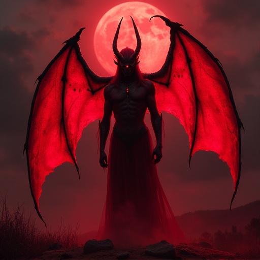 A powerful red demon stands menacingly at night against a blood-red moon. The demon has large wings and a dark silhouette.