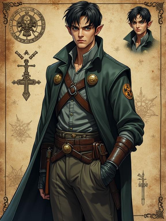 Full body portrait of a half-elf male investigator in a dark fantasy style with short pointed ears, gray-green eyes, and medium-length dark hair. Wearing a travel cloak with an investigator's insignia and two short swords on his belt. Background styled like ancient parchment with arcane symbols and investigative instruments. Includes an ink-drawn bust portrait showing a pokerface expression.