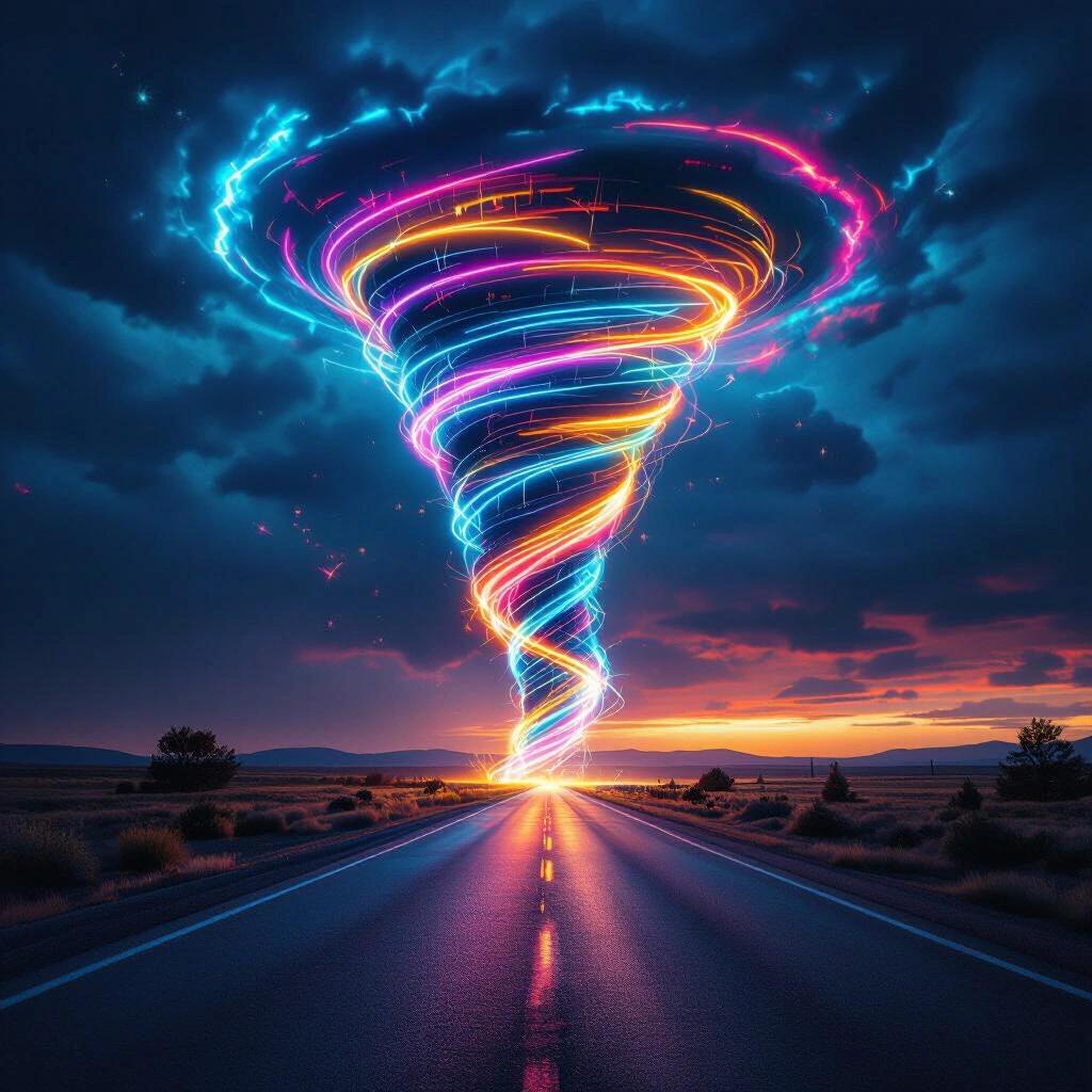 Bright neon tornado spiraling from the ground into the sky. Dark stormy clouds in the background. Road leading toward the tornado. Vivid colors and swirling lights.