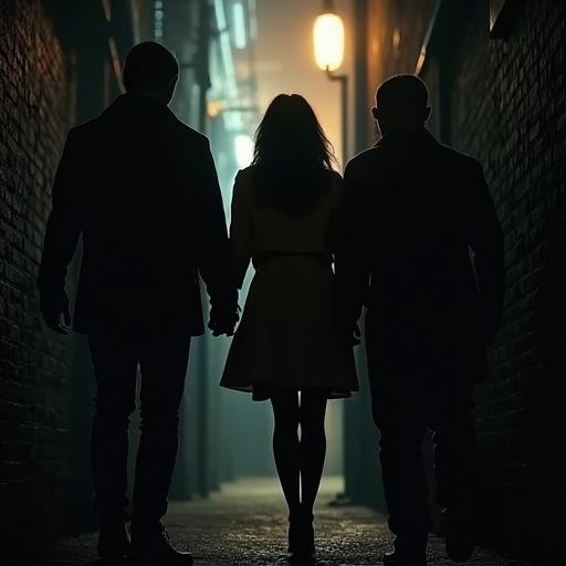 Silhouettes of three figures in a dark alley. One figure is a woman in a light coat, two figures are men in dark clothing. Foreboding atmosphere with dramatic lighting.