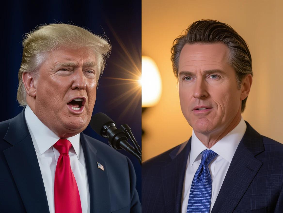 Ultra-realistic 3D photo showing Trump angrily speaking at a rally on the left and Newsom calmly addressing the camera on the right. Warm light illuminates Newsom while cool light highlights Trump.