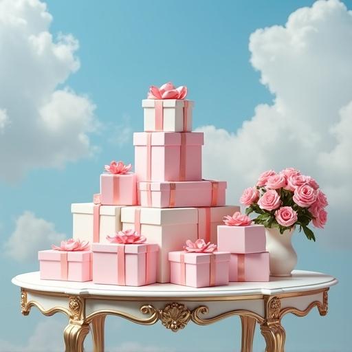 Stack of gifts in light pink and white colors arranged on a Rococo style table. Light pink roses nearby with blue sky and fluffy white clouds in the background. Soft lighting creates a bright atmosphere with no dark shadows.