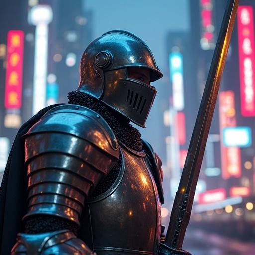 A knight stands in a cyberpunk city. Armor shines brightly. Skyscrapers glow with neon lights. A longsword is held. The atmosphere contrasts old with new. A wide angle shot captures the scene with dramatic lighting.
