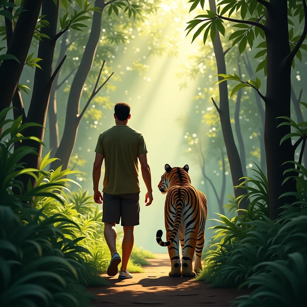 A man walks alongside a tiger in a dense jungle. Tall trees reach upward. Sunlight shines through leaves. Lush vegetation surrounds them. Scene evokes adventure and nature's harmony.