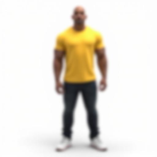 Full body image of a person in T-pose wearing yellow shirt and sneakers. Subject centered and symmetrical against white background. Soft, even lighting and natural body proportions.