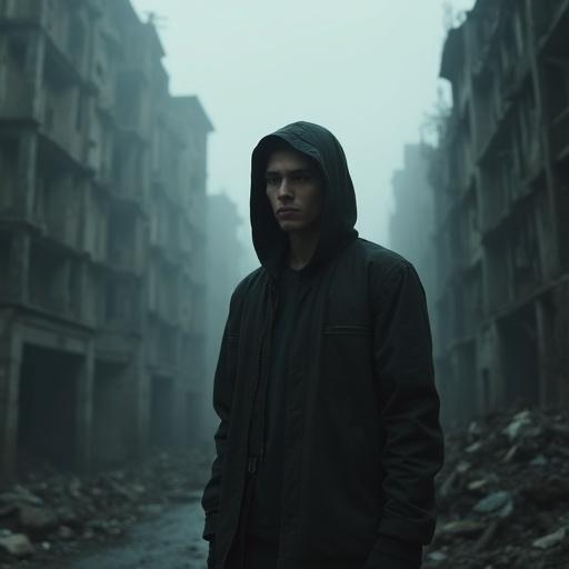 A young man stands alone in a dark city. The scene depicts post-apocalyptic ruins. The atmosphere is moody and cinematic. The color palette is somber and grayscale. He wears a hood and jacket, looking serious. The scene is dramatic with soft light through haze.