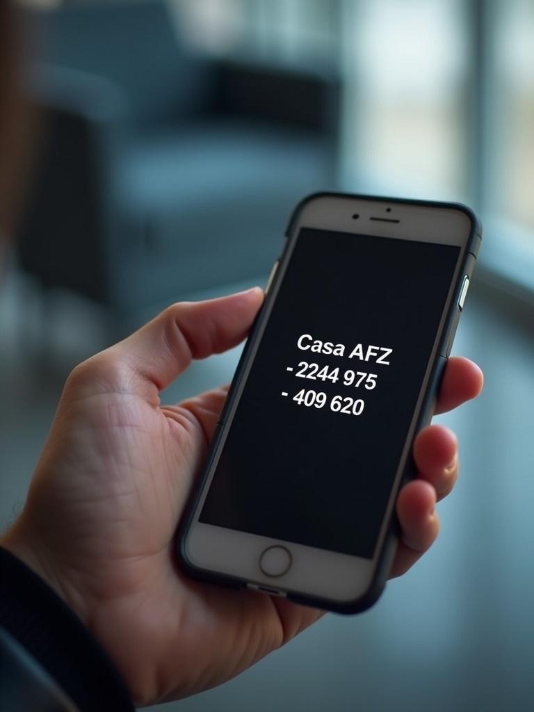 Close-up photo of a hand holding a smartphone. Smartphone screen shows message text. Emphasizes the device. Hand appears engaged. Photo taken in a well-lit space with a modern vibe.