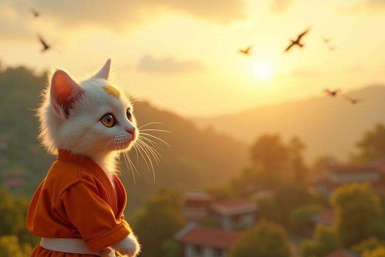 A vibrant cinematic scene shows Kittuu the kitten with sparkling white fur standing on a rooftop. He wears an orange karate gi with a white belt. His brown eyes gaze at the horizon filled with hope. A golden sunrise lights the scene while birds fly above. The background shows green hills and the village of Chandrapur.