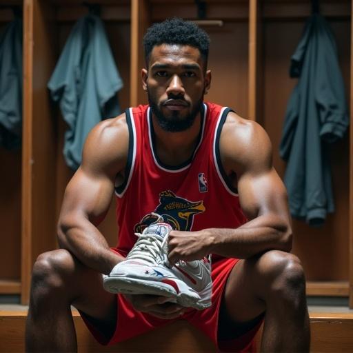 Handsome Cuban basketball player in a red jersey sits on a bench. He holds a sneaker in his hands. The setting is a locker room and the player is sweaty.