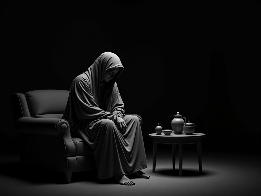 In a dimly lit room, a figure sits slumped on a couch, deep in thought. They appear to be dressed in a loose, oversized garment, possibly an ancient or vintage style. A table beside them holds a few containers, likely a jug and a cup, both silhouetted against the light. The atmosphere is heavy with contemplation, and the shadows create a stark contrast, emphasizing the loneliness of the scene. The figure's face is obscured, adding an air of mystery to their expression. Soft lines and a monochromatic color scheme enhance the mood, suggesting an introspective moment in time.