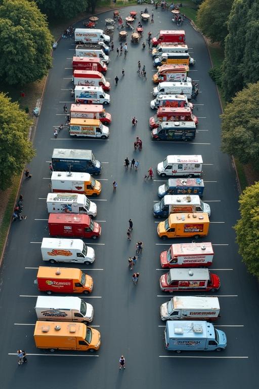 Aerial view of a parking lot with food trucks parked in lines. People gathered in the center with tables. Defined spaces and roads.