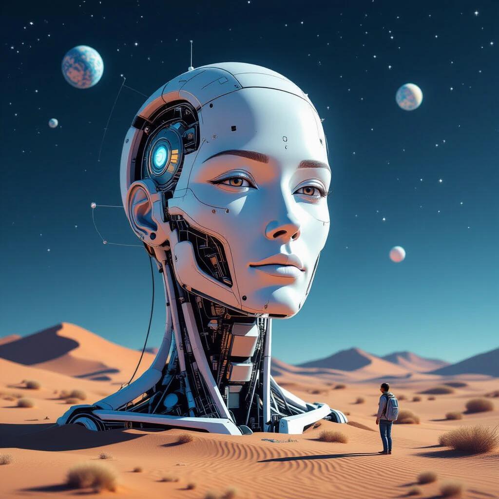 A large robotic head in a desert landscape. A human figure stands in front of it. The sky is filled with planets. The robotic head has glowing circuits. Composition highlights the juxtaposition of nature and technology.