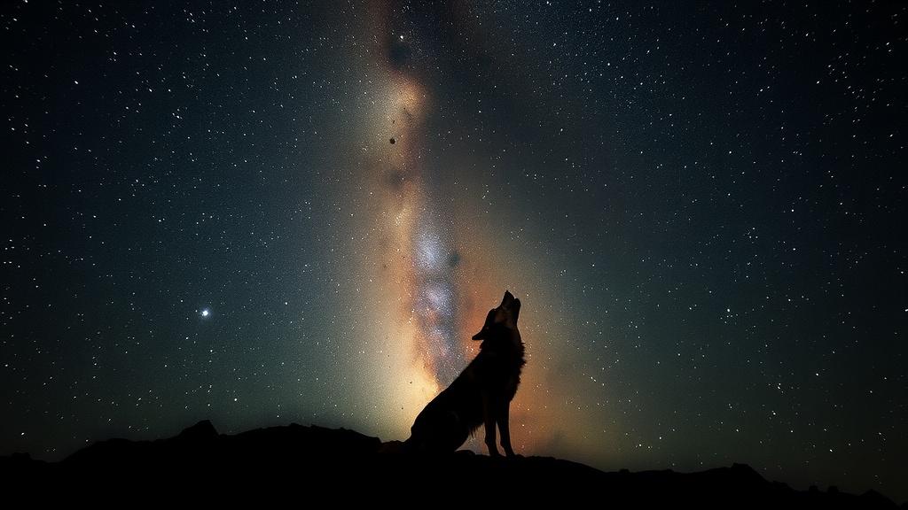 A silhouetted wolf howling against a starry night sky with the Milky Way visible in the background.