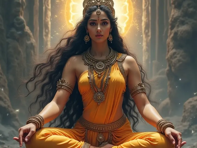 Goddess Parvati represents love devotion strength mother of universe embodiment of feminine power. She is seen in orange attire, surrounded by golden light, sitting in meditative pose.