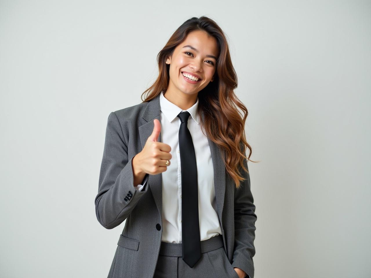 The image portrays a young woman wearing a professional outfit, consisting of a gray pinstripe suit with a white shirt and a black tie. She is smiling widely and giving a thumbs-up gesture with her right hand. Her hair is styled in loose waves, and she appears confident and approachable. The background is plain and does not distract from her expression. This image conveys a sense of positivity and professionalism.