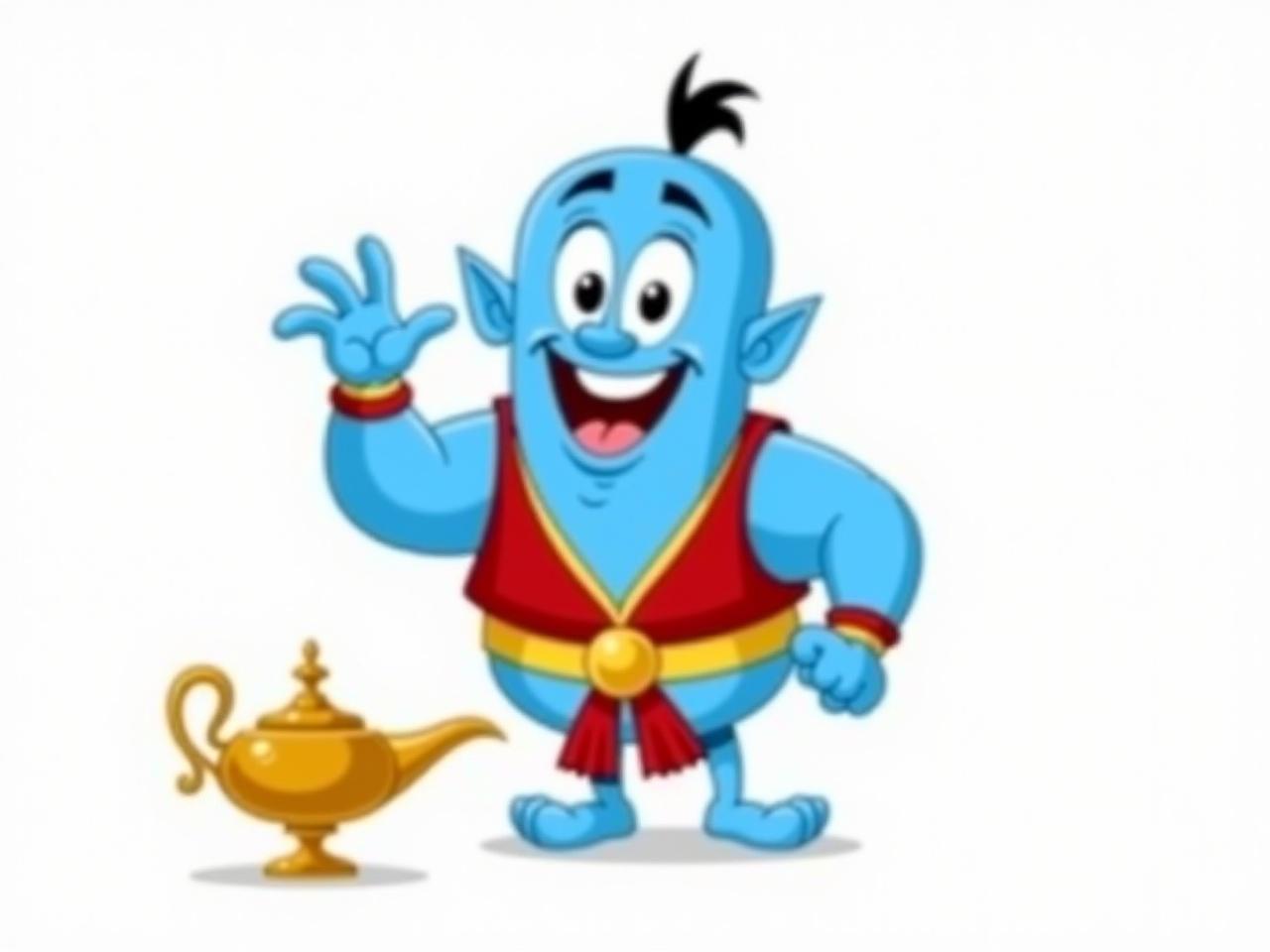 The image features a cartoon character that is a blue genie. The genie has a cheerful expression, with large round eyes and a friendly smile. He is dressed in a red vest and yellow belt, showcasing traditional attire. One hand is raised as if he is welcoming or offering something, while the other hand is open. Next to him is a golden lamp, which is often associated with genie lore. The background is absent, highlighting the character and lamp.