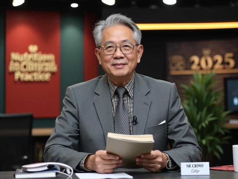 Realistic photo of an Indonesian professional in his 50s speaking to the camera. Man holding a book titled 'Nutrition in Clinical Practice'. He is wearing a bright grey suit and a batik cirebon shirt with a tie. Setting is a modern television studio with a desk and studio equipment. Background features a blend of red, gold, and sage green colors with the word '2025'. Professional lighting highlights his features. Expression is calm and confident.
