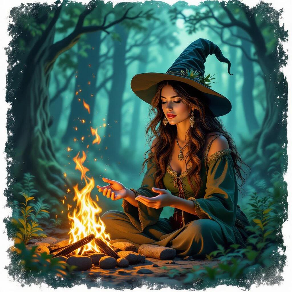 A mystical scene of an enchanted forest featuring a witch casting magic by a campfire. Natural surroundings with trees and a glowing fire.