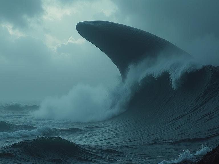 Dark cinematic scene featuring a large eel silhouette emerging from a detailed ocean. Huge waves crashing with mist and foam. Windy conditions and rainstorm present. Atmospheric and realistic with emphasis on texture and shadow.