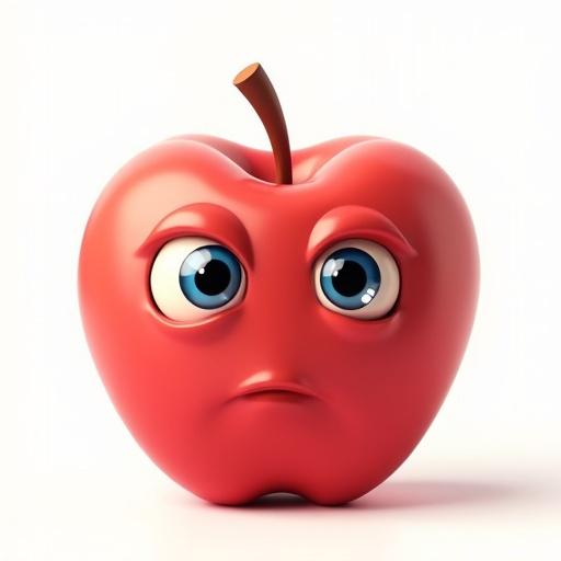 A 3D cartoon-style apple with large eyes and a sad expression on a clean white background.