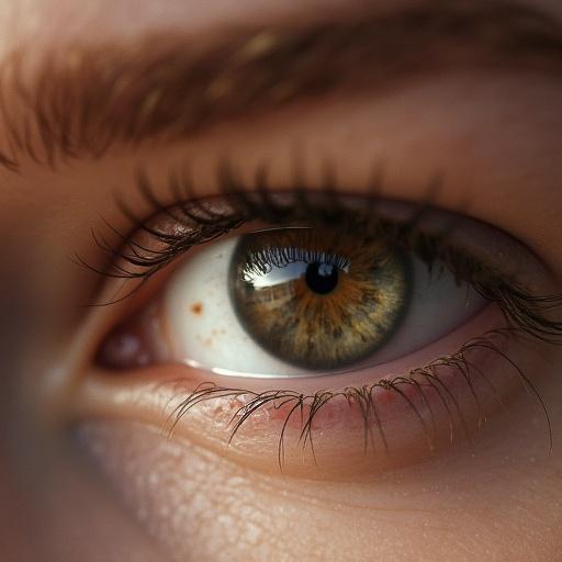 Close-up image of a girl's eye. The eye is vividly colored with brown and gold tones. The eyelashes are visible and the iris displays intricate patterns. Soft lighting enhances the details of the eye.