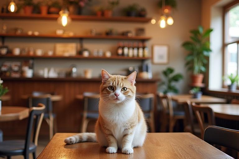 A warm and inviting image of a cozy cat cafe. A fluffy orange and white cat sitting on a wooden table in the foreground. Background features a stylish cafe atmosphere with wooden shelves and plants. Natural light filters through the windows highlighting the relaxed environment.