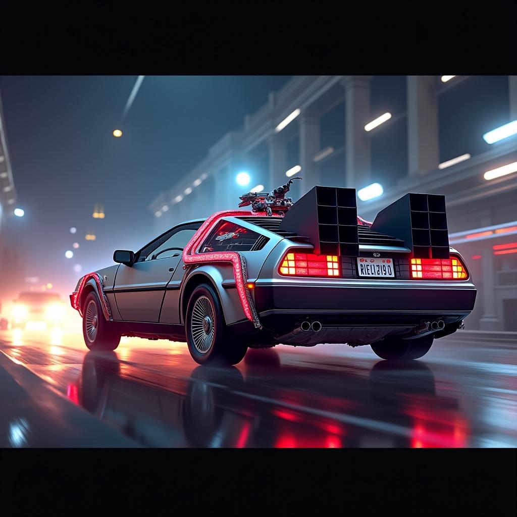 Image of a futuristic vehicle inspired by classic cinema. The car features retro-futuristic design elements. Background showcases a neon-lit urban environment. Emphasizes motion with blurred lights.