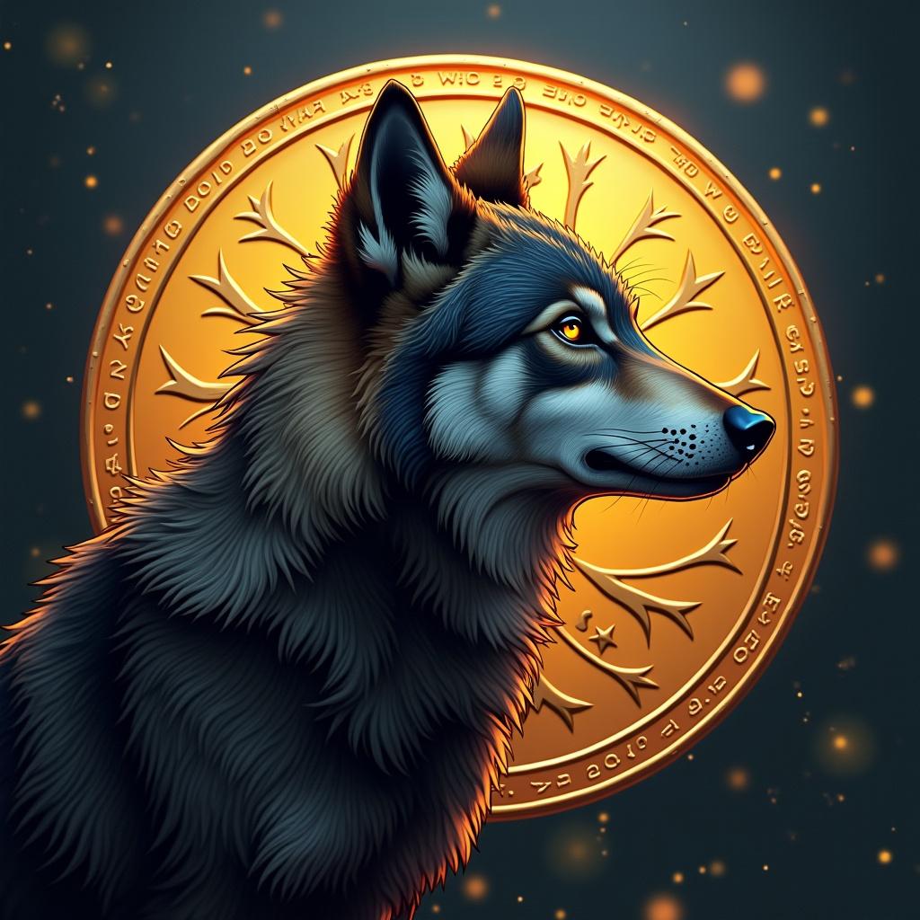 A wolf in a detailed digital art style. Image features the wolf's profile with a glowing golden background. The wolf's fur is finely detailed. The background contains circular patterns and symbols. The wolf looks proud and wise. Imagery suggests themes of cryptocurrency and the finance world.