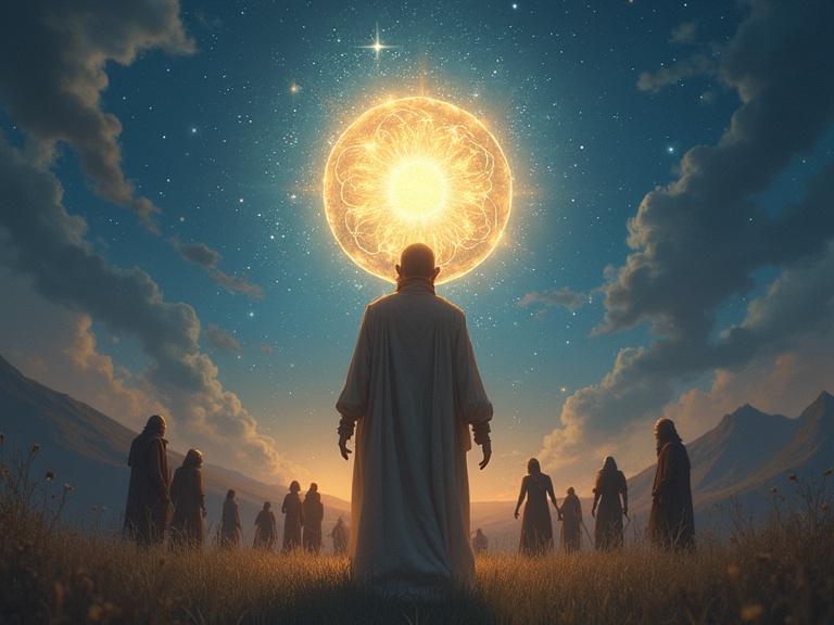 Enoch stands with a glowing celestial sphere above him. Villagers gather in the background. The scene has an ethereal and symbolic style with dreamlike colors. Aspect ratio is vertical 9:16.