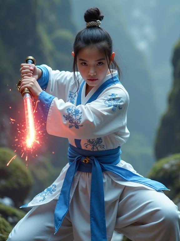 Young woman in light blue and white martial arts uniform with floral embroidery holds glowing red energy sword. Hair in top knot in fighting pose. Misty forest with mossy rocks in background creates atmosphere. Sparks fly from sword.