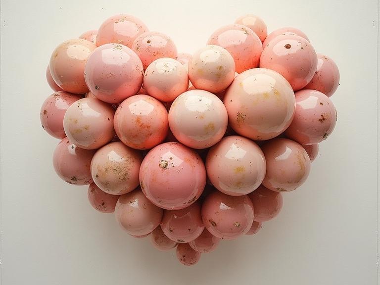 Canvas painting featuring a heart shape made of pink human-like balls. Spheres are clustered together forming a cohesive heart design.