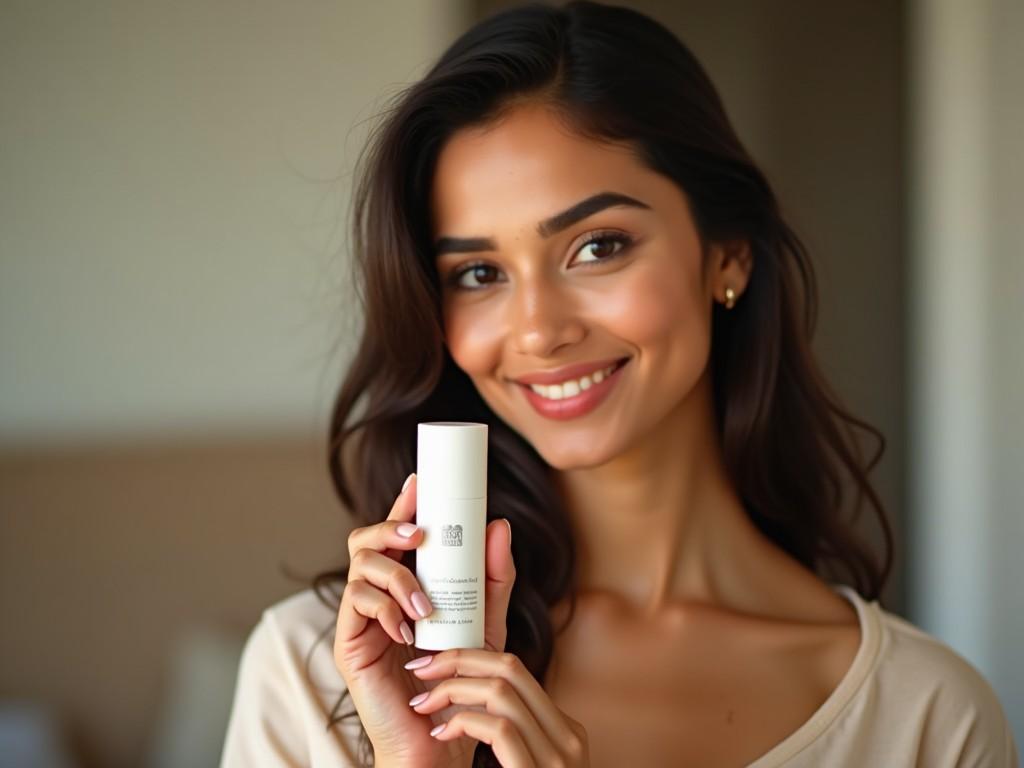 The image features a beautiful individual showcasing a skincare product. She is smiling and holding a vertical 20 gm container, emphasizing its aesthetic appeal. The setting suggests a casual and inviting atmosphere. Soft lighting enhances her natural beauty and the product's features. This shot is perfect for commercial use, highlighting beauty and confidence in a single frame.