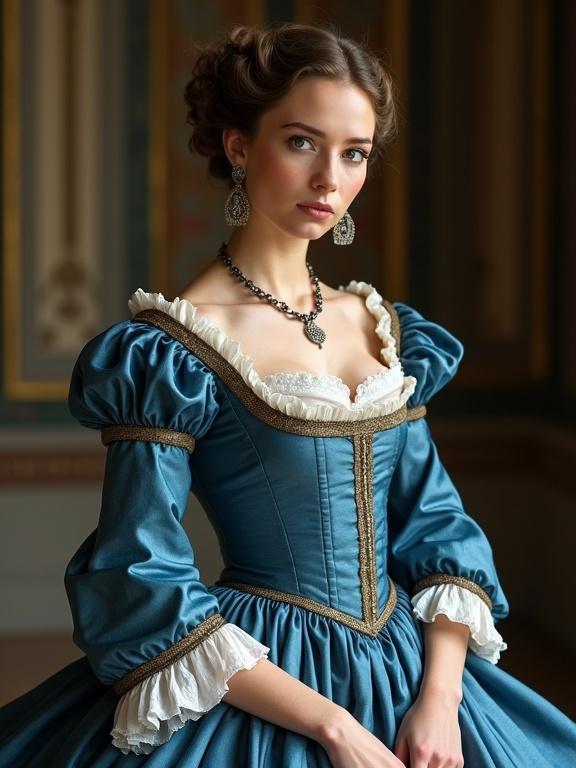 A young noblewoman dressed in 1750s noble attire. The gown is deep sky blue with gold details. The woman has a thin waist, large bust, and full hips. She wears a decorative necklace and earrings. She looks over her shoulder with an expression of disdain. Her hair is short and brown with green eyes. Her hands are positioned in front of her.