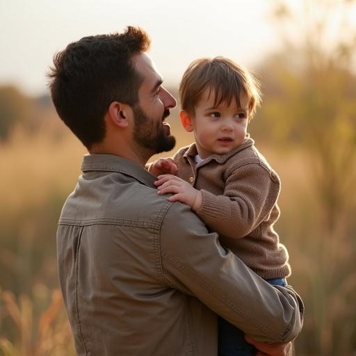 A father holding his son in a field during sunset. They appear joyful and connected. Soft natural light enhances the warm atmosphere.