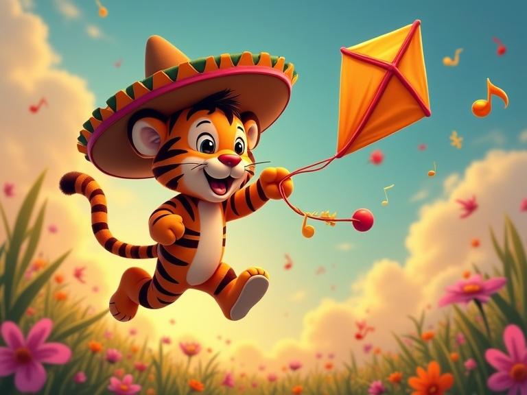 A cute tiger cub wearing a sombrero. Flying a kite shaped like a music note in a vibrant landscape. Background features flowers and a sunny sky. Fun atmosphere